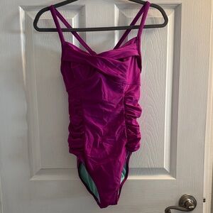 Athleta Magenta Ruched One-Piece Swimsuit with Cross Front Straps